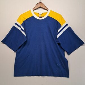 Vintage Speedo Sport T Shirt Blue Yellow XL 80s 90s Colorblock Single Stitch